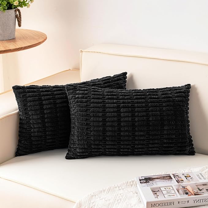 Pack of 2 Corduroy Decorative Throw Pillow Covers 12x24 Inch Soft Striped Pillow Covers Modern Farmhouse Home Decor for Sofa Living Room Couch Bed（Black）