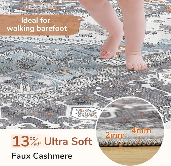 OPPODREAM Soft Area Rugs 3x5, Washable Rugs with Non Slip Backing, Low-Pile Throw 3x5 Carpet, Faux Cashmere 3 x 5 Carpet, Grey & Teal & Yellow