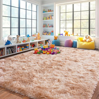 Pionblank 8x10 Rug for Living Room, Fuzzy Plush Large Area Rug, Fluffy Modern Shag Non Slip Soft Furry Carpet for Bedroom Kids Room Nursery Teens Dorm Home Decor, Tie-Dyed Beige