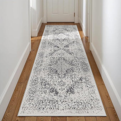 3x8 Washable Hallway Runner Rug - Non Slip Kitchen Runner Rugs with Rubber Backing Vintage Low-Pile Carpet Runners for Entryway Dining Room Laundry Room Home Decor (Distessed Grey)