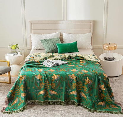 Green Fall Blanket 60''x 80'' Boho Throw Blankets for Couch Bed Chair,100% Cotton Quilts Christmas Warm Soft Blanket Muslin Bed Blankets Farmhouse Decoration
