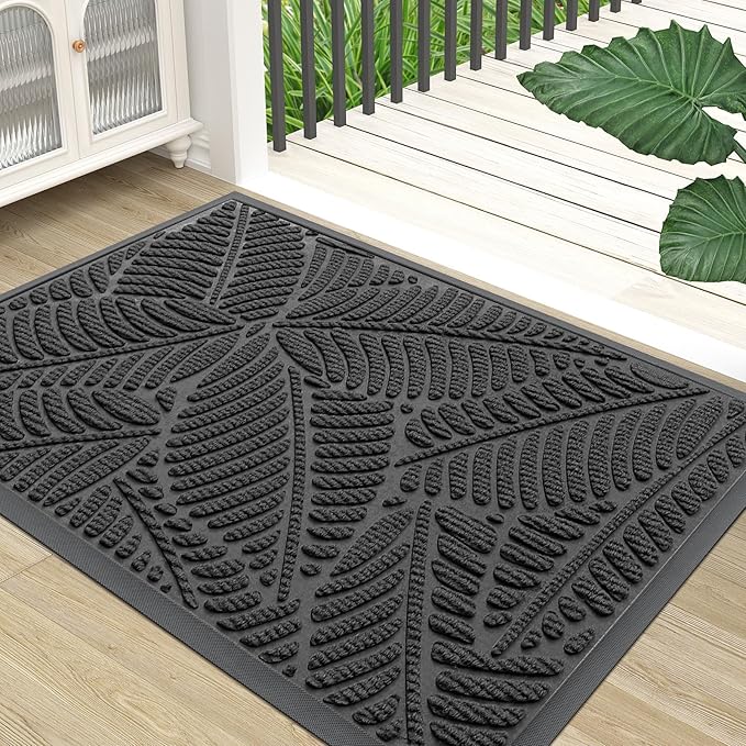 Colorxy Waterproof Doormat, Sturdy Natural Rubber Front Indoor Mat, Non Slip Low Profile Outdoor Door Mat, Stain and Fade Resistant Floor Mats, Easy Clean Patio Entry Mat, 59''x36'', Light Grey