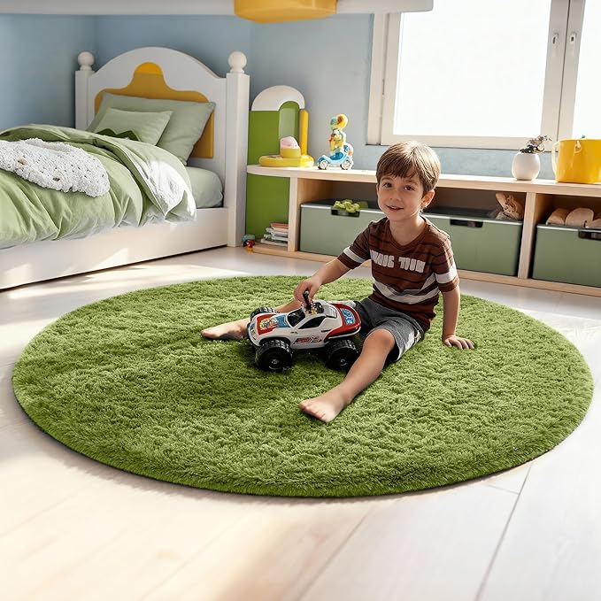 Ophanie Green Round Rug 5Ft Circle Area Rug, Green Room Decor, Fluffy Fuzzy Bedroom Carpet, Plush Soft Shaggy Living Room Rugs for Kids Home Decor Aesthetic, Nursery