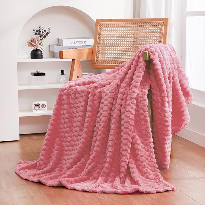 Rose Pink Throw Blanket 60"×80" inches Gifts for Mom Fuzzy 3D Jacquard Decorative Flannel Fleece Super Soft Plush Cozy Blanket for Couch Sofa Chair Lightweight