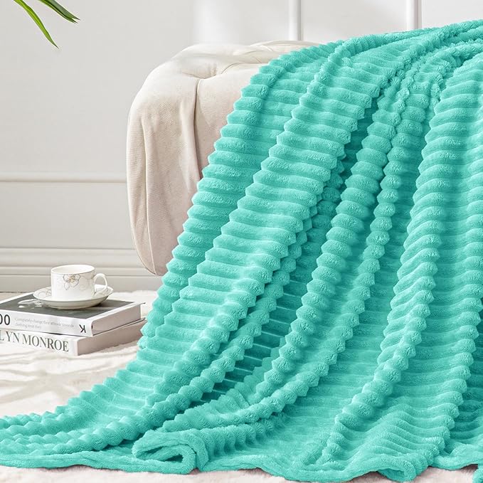 BEDELITE Fleece Throw Blanket for Couch – 3D Ribbed Jacquard Soft and Warm Decorative Fuzzy Blanket – Cozy, Fluffy, Plush Lightweight Aqua Throw Blankets for Bed, Sofa, 50x60 inches