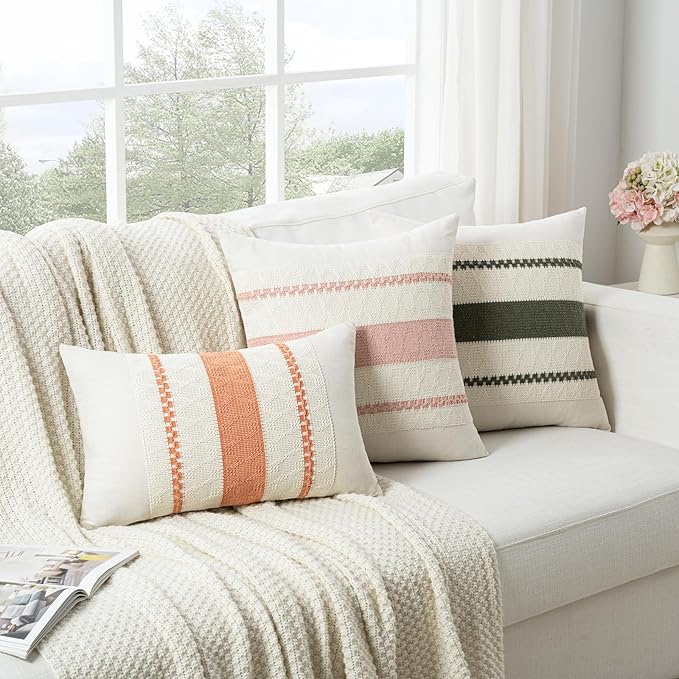 Fancy Homi Set of 1 Boho Pink Decorative Throw Pillow Cover 18x18 Inch for Couch Bed Sofa, Aesthetic Modern Organic Farmhouse Home Decor, Soft Cotton Cute Accent Macrame Woven Cushion Case