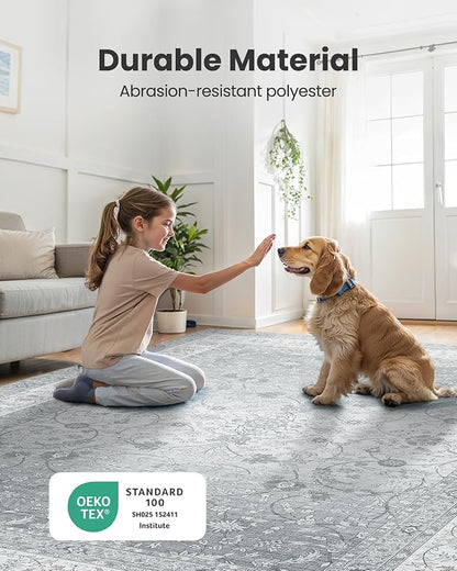 AMADA HOMEFURNISHING 8x10 Area Rugs, Washable Living Room Rug with Non-Slip Backing, Low Pile and Durable Edge Binding, Soft Vintage Floral Rugs for Living Room, Bedroom, Dining Room