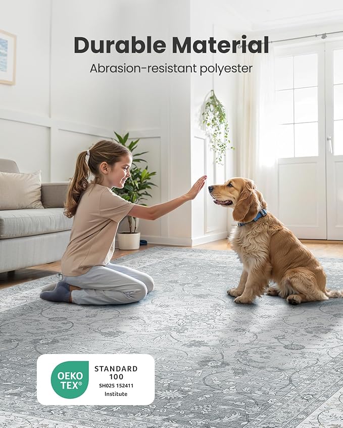 AMADA HOMEFURNISHING 9x12 Area Rugs, Washable Living Room Rug with Non-Slip Backing, Low Pile and Durable Edge Binding, Soft Vintage Floral Rugs for Living Room, Bedroom, Dining Room