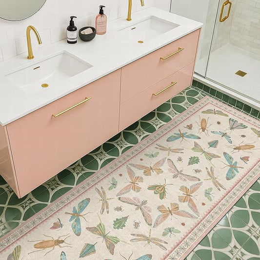 Hazo Haus Boho Bathroom Runners - 2x5 Pink Rug for Kitchen, Entry Way, Hallway, Non Slip Washable Butterfly Insect Print Home Decor