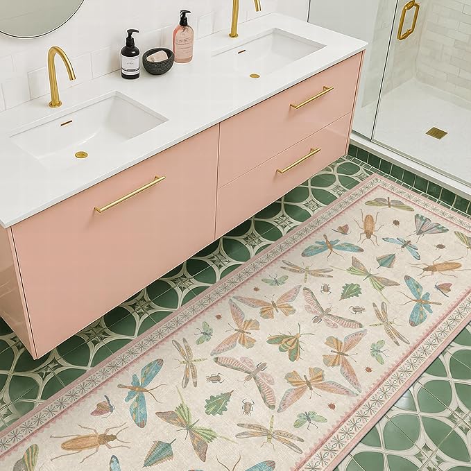 Hazo Haus Boho Bathroom Runners - 2x6 Pink Rug for Kitchen, Entry Way, Hallway, Non Slip Washable Butterfly Insect Print Home Decor