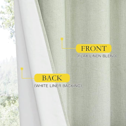 NICETOWN Sage Green Blackout Linen Curtains 95 inches Long, 2 Pieces, 52" Wide Each Panel, Bronze Grommet Full Light Blocking Drapes with White Thermal Insulated Coating for Nursery, Hall, Villa