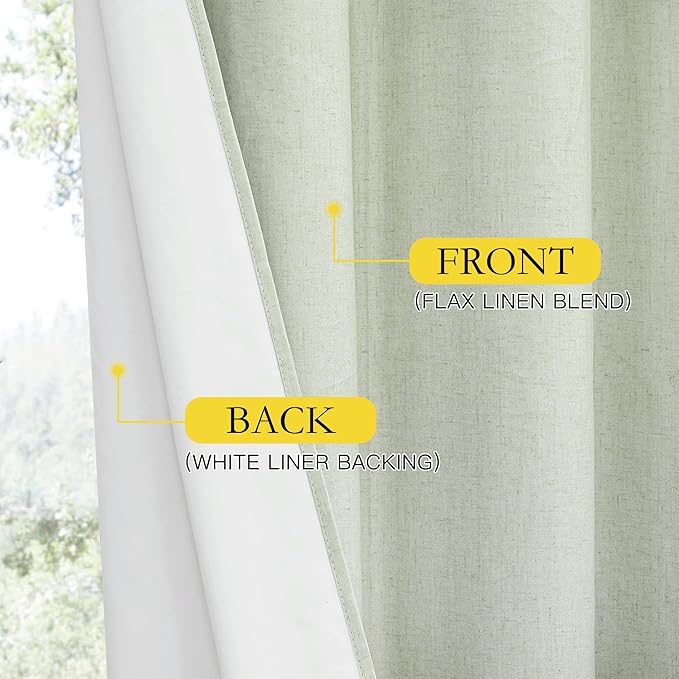 NICETOWN Sage Green Linen Blackout Curtains for Night Shift, Great Job, Set of 2, 34" by 60", Short Kitchen Burlap Linen 100% Blackout Drape Panels with Bronze Grommets for Blocking Light