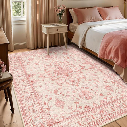 RELEANY Area Rugs 5'x7' Washable Non-Slip, Floral Vintage Distress Print Pattern Medallion Carpet for Living Room Bedroom Dining Room, Pink Light Vintage Pink