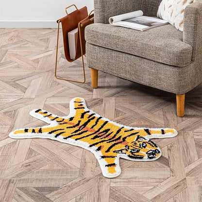 Tiger Print Rug, Animal Printed Small Area Rugs Faux Cowhide Skin Leather Nonslip Personalized Bath Rug Cartoon Carpet Bedroom Office Livingroom Floor Mat 32.2inx21.4in Yellow