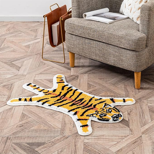 Tiger Print Rug, Animal Printed Small Area Rugs Faux Cowhide Skin Leather Nonslip Personalized Bath Rug Cartoon Carpet Bedroom Office Livingroom Floor Mat 32.2inx21.4in Yellow