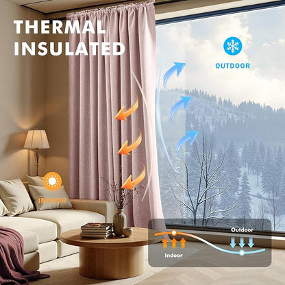 MIULEE 100% Blackout Linen Curtains for Bedroom, Pink Solid Luxury Decor Thermal Insulation Room Darkening Drapes for Living Room Nursery Back Tab Rod Pocket 42 x 90 Inches, 2 Panels