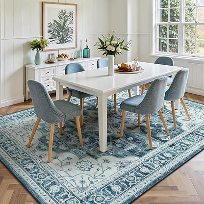 Lofus 8x10 Washable Area Rug, Vintage Floral Rugs for Living Room, Bedroom, Dinning Room, Low Pile Large Area Rugs with Non-Slip Backing, Sunflower Print Pattern, Neutral Blue