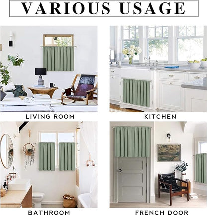 RYB HOME Blackout French Door Window Curtain Covering, Rod Pocket Thermal Insulated Privacy Non See Through Drapes for Bathroom Window, Width 29 by Length 45, Greyish Green, 2 Panels