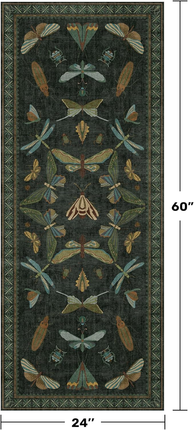 Hazo Haus Dark Green Insect 2x5 Bathroom Runner Rug - Washable Non Slip Runners for Kitchen, Laundry Room, Front Door Mat Entrance, Nature Floral Indoor Floor Décor, Thin Low Pile with Rubber Backed