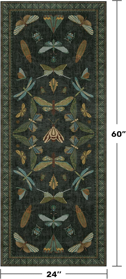 Hazo Haus Dark Green Insect 2x5 Bathroom Runner Rug - Washable Non Slip Runners for Kitchen, Laundry Room, Front Door Mat Entrance, Nature Floral Indoor Floor Décor, Thin Low Pile with Rubber Backed