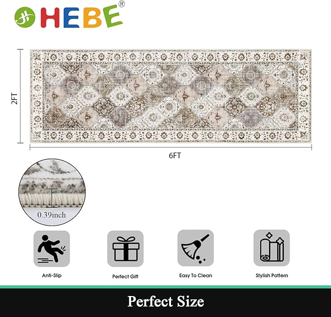 HEBE Hallway Runner Rug 2'x6' Washable Vintage Distressed Area Rugs Non Slip Laundry Rug Runner Boho Floor Carpet Runners for Hallways Entryway Laundry Room Kitchen Bathroom