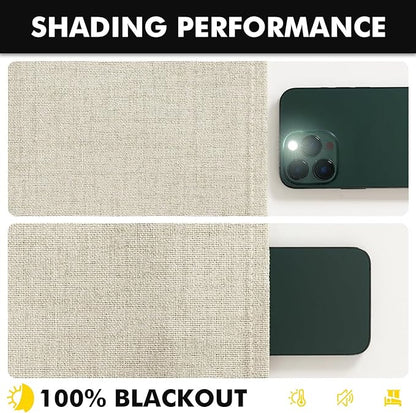 MIULEE 100% Blackout Linen Curtains for Bedroom, Cream Solid Luxury Decor Thermal Insulation Room Darkening Drapes for Living Room Nursery Back Tab Rod Pocket 42 x 90 Inches, 2 Panels