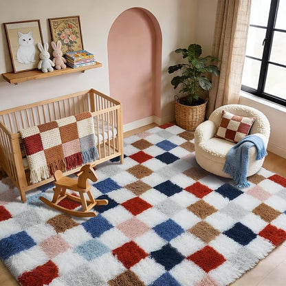 Large Shag Area Rug for Bedroom Living Room,8x10 Fluffy Soft Colorful Checkered Rug Fuzzy Shaggy Bedroom Carpet,Indoor Plush Floor Rugs for Kids Boys Girls Teen Dorm Nursery Home Decor