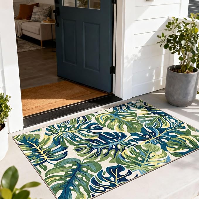 Boho Outdoor Rug - 28" x 43" Front Door Mat Indoor Outside Entrance Non-Slip Washable Outdoor Mat Tropical Green Blue Leaf Rug for Entryway Kitchen Bedroom Layered Doormat for Front Porch