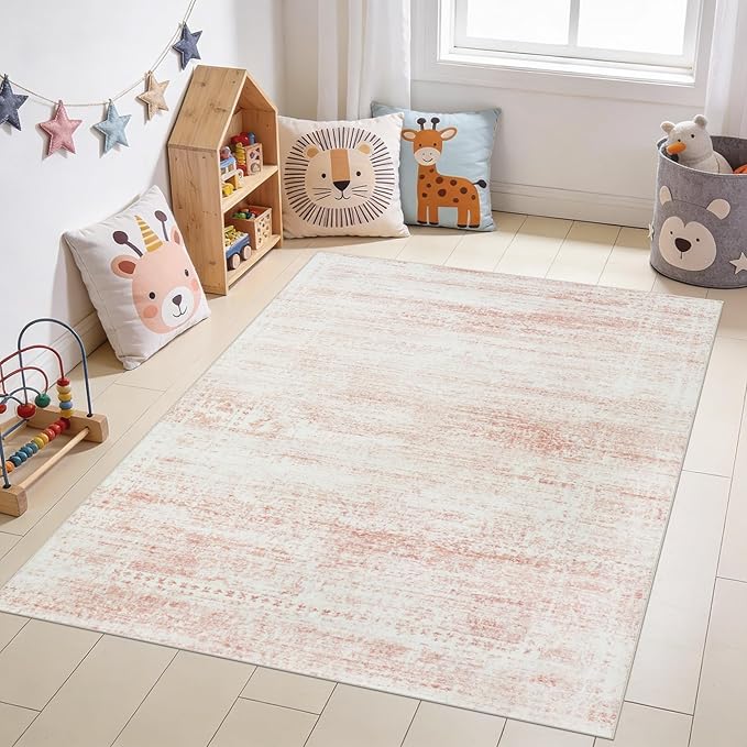 Washable Rugs 5x7 Area Rugs for Living Room,Bedroom,Dining Room- Ultra Soft Faux Wool Nursery Rug for Baby Girl,Neutral Light Pink Low Pile Vintage Carpets for Dorm Kids Playroom,Non Slip