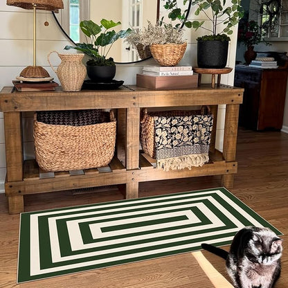 Front Door Mat Indoor Entrance - 2x4.3 Ft Modern Washable Spring Outdoor Door Mat for Layering Porch Rug Non-Slip Green White Geometric Runner Rug for Kitchen Bedroom Laundry Room Porch Decor