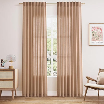 Nanspring Peach Linen Curtains 84 inches Long for Living Room Back Tab Luxury Light Filtering Privacy Sheer Curtain Modern Farmhouse Decor Boho Cotton Textured Gauze Drapes for Bedroom 2 Panels