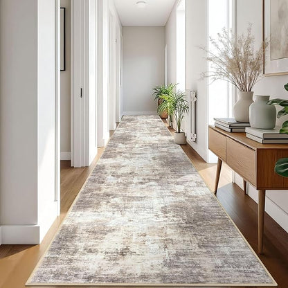 IOHOUZE Abstract Runner Rug 3x18 Ft Extra Long Washable Runners for Hallways, Non Slip Kitchen Runner Printed Faux Wool Entryway Runner Indoor, Modern Abstract Floor Carpet for Hall Stair, Beige Brown