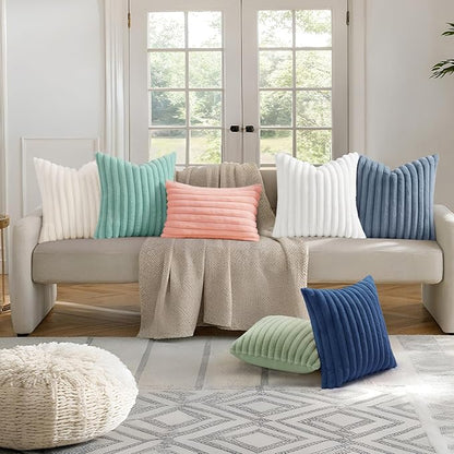 decorUhome Summer Cozy Faux Fur Throw Pillow Covers 20x20 Set of 2 Decorative Soft Plush Striped Modern Farmhouse Boho Couch Pillow Cases with Velvet Back for Sofa Bed Living Room, Aqua