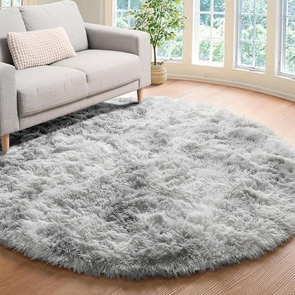 ONASAR Round Rugs 5ft for Bedroom Living Room, Fluffy Tie-Dyed Light Grey Circle Area Rug for Kids Girls Boys Teen, Soft Plush Shaggy Carpet for Nursery Dorm Classroom Playroom Home Decor Aesthetic