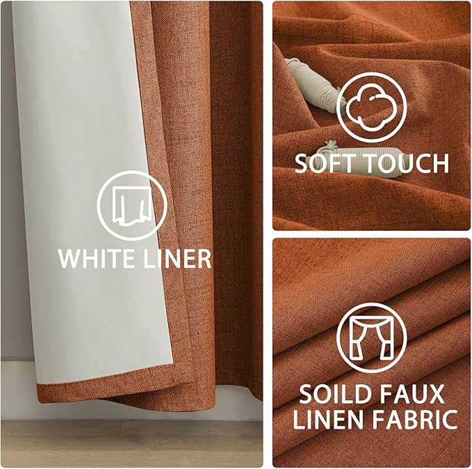Yakamok Burnt Orange Linen Curtains 100% Blackout 72 Inches Long,Room Darkening Textured Curtains for Living Room Thermal Grommet Bedroom Curtains 2 Panels with White Liner