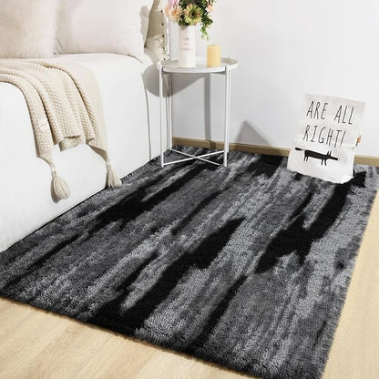 TWINNIS Super Soft Shaggy Rugs Fluffy Carpets, 6x9 Feet, Indoor Modern Plush Area Rugs for Living Room Bedroom Kids Room Nursery Home Decor, Upgrade Anti-Skid Rectangular Fuzzy Rug, Black Gray