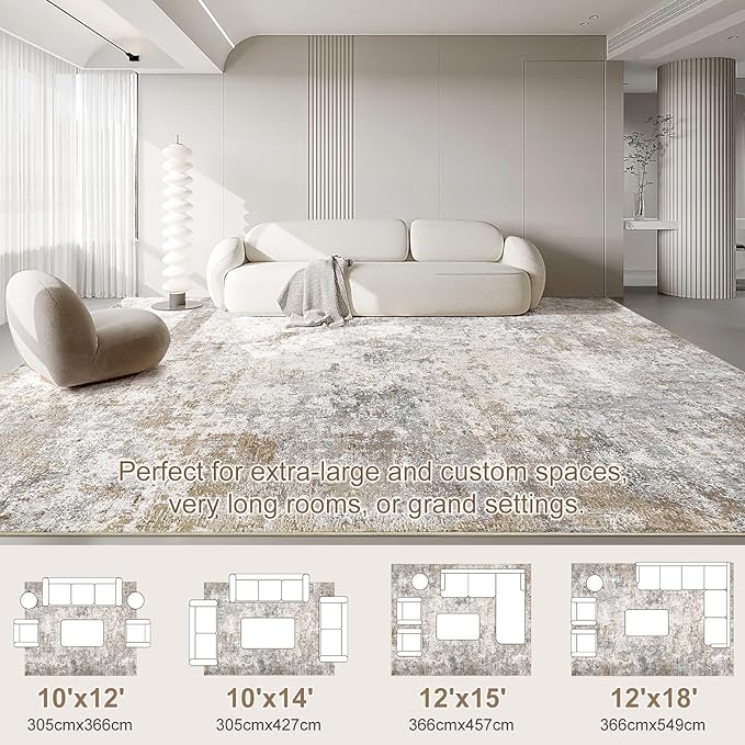 UERMEI 10x12 Area Rug Living Room Rugs - Washable Neutral Modern Abstract Soft Thin Large Rug Indoor Floor No Slip Rug Carpet for Bedroom Under Dining Table Home Office Decor - Brown Grey