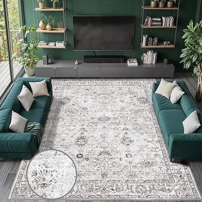 Grey White Area Rugs 9x12 Living Room, Washable Rug Non Slip Floral Low Pile Large Rug for Living Room, Bedroom, Farmhouse, Dining Room, Kids Playroom(9 x 12, Grey White)