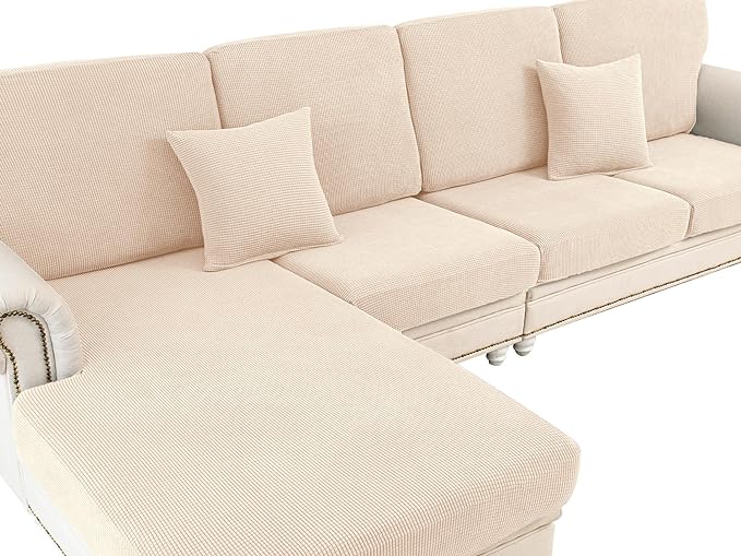 Couch Cushion Covers for Sectional Sofa L Shape Washable Separate Seat Chaise Couch Cover Stretch Sofa Slipcovers with 2 Pcs Pillowcases(2 Seater + 1 Chaise, Natural)