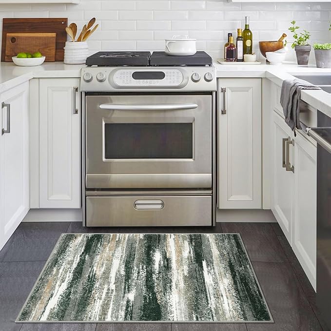 Lansny Modern Abstract Entryway Rug Indoor 2x3 Washable Rug Non-Slip Soft Small Area Rug Forest Green Kitchen Mats Thin Print Faux Wool Floor Carpet Throw Rugs for Entrance Bedroom