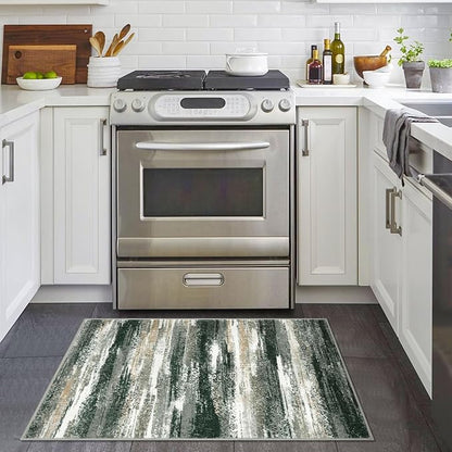 Lansny Modern Abstract Entryway Rug Indoor 2x3 Washable Rug Non-Slip Soft Small Area Rug Forest Green Kitchen Mats Thin Print Faux Wool Floor Carpet Throw Rugs for Entrance Bedroom