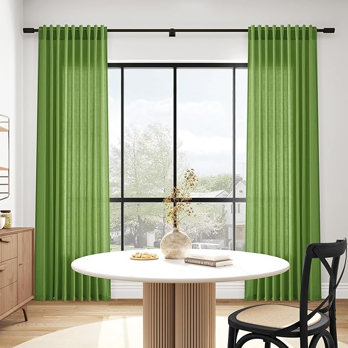 Lime Green Linen Curtains 90 Inch Long 2 Panels Set for Bedroom Living Room, Soft Linen Textured Window Drapes Semi Sheer Light Filtering Rod Pocket Back Tab Morden Style 52x90