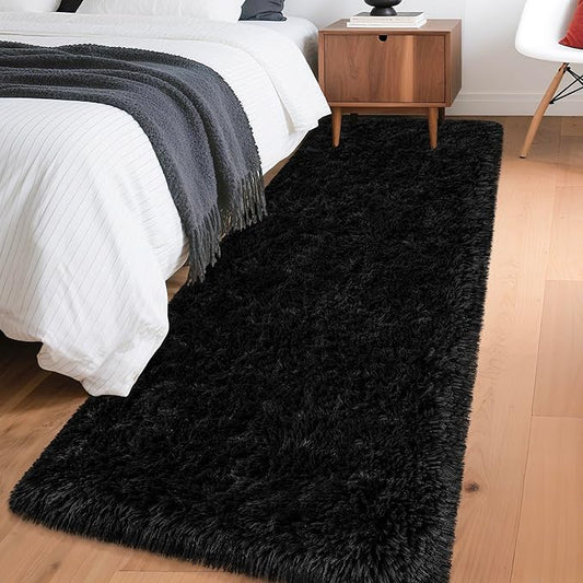 2x6 Bedside Area Rugs for Bedroom Soft Fluffy Shag Black Rug for Hallway Non-Slip Fuzzy Plush Living Room Rug Indoor Floor Carpet for Kids Rooms Dorm Nursery Modern Home Aesthetic Decor