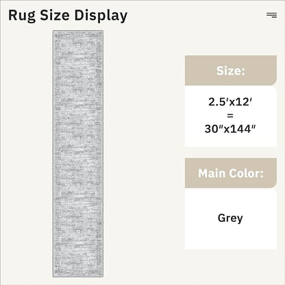 Runner Rug 2'6" x 12' Washable Non-Slip Runner Rugs for Kitchen Bathroom Laundry Room Vintage Ultra Thin Runners for Hallway Entryway Grey