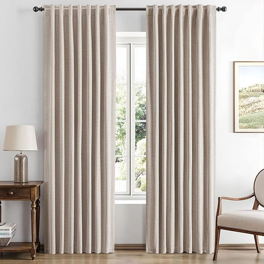 MIULEE 100% Blackout Linen Curtains for Bedroom, Khaki Solid Luxury Decor Thermal Insulation Room Darkening Drapes for Living Room Nursery Back Tab Rod Pocket 42 x 90 Inches, 2 Panels