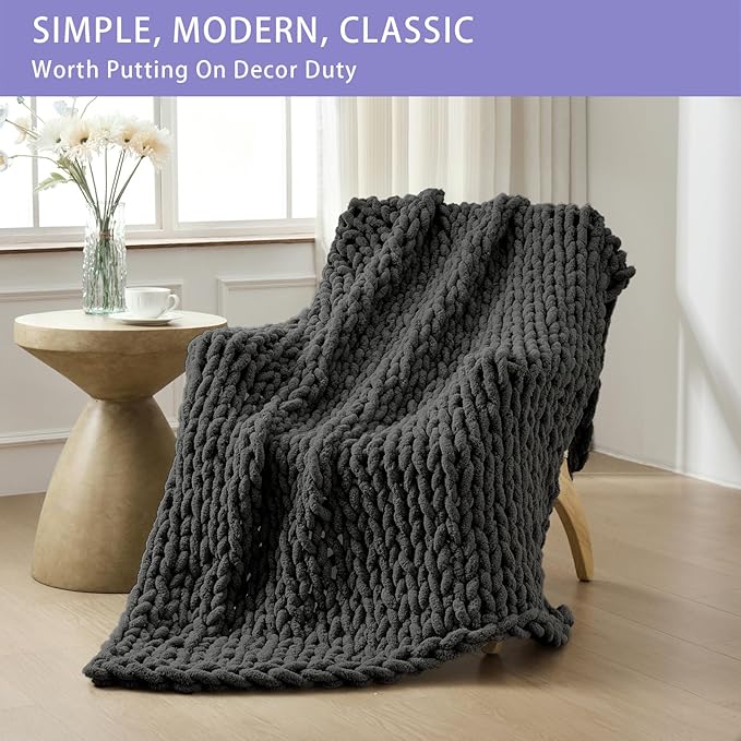 Bigacogo Chunky Knit Throw Blanket for Couch, 60x80 inches, 100% Hand Knitted with Thick Jumbo Chenille Yarn, Cozy Soft Large Rope Knot Cable Crochet Blankets for Sofa Bed Living Room, Dark Grey