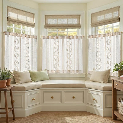 jinchan Belrose Linen Floral Kitchen Curtains 36 inch Length Embroidered Farmhouse Cafe Curtains for Living Room Bathroom Small Windows Curtain Set Sheer Light Filtering 2 Panels Beige