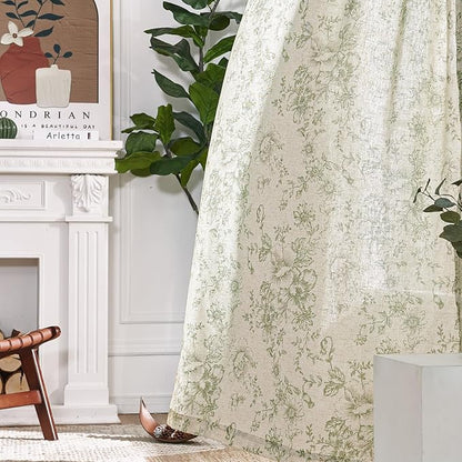 jinchan Linen Floral Curtains 84 Inch Length for Living Room Bedroom Light Filtering Farmhouse Peony Flower Drapes Rustic Window Curtain Set Rod Pocket Back Tab 2 Panels Green