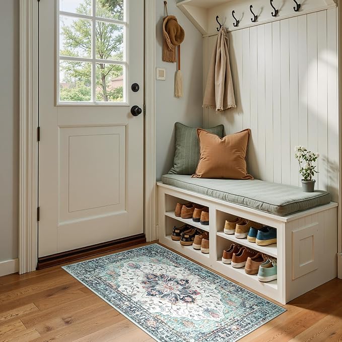 Area Rugs 2'x4' Kitchen Rugs Entry Rug Small Rugs for Entryway Kitchen Bathroom Door Mat Indoor Entrance,Washable Non Slip, Green Navy Blue White Red Teal Colorful