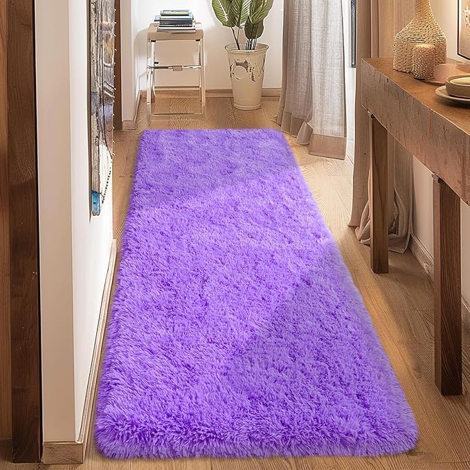 Ultra Soft Runner Rugs for Bedroom Hallways with Upgraded Non-Slip Rubber Backing & Thick Memory Sponge, 2 Packs 2x6 Feet Fluffy Shag Throw Area Rug for Bedside Dorm Light Purple